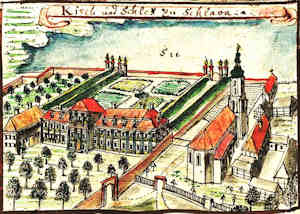 Kirch und Schlos zu Schlava - Kościół i zamek, widok z lotu ptaka